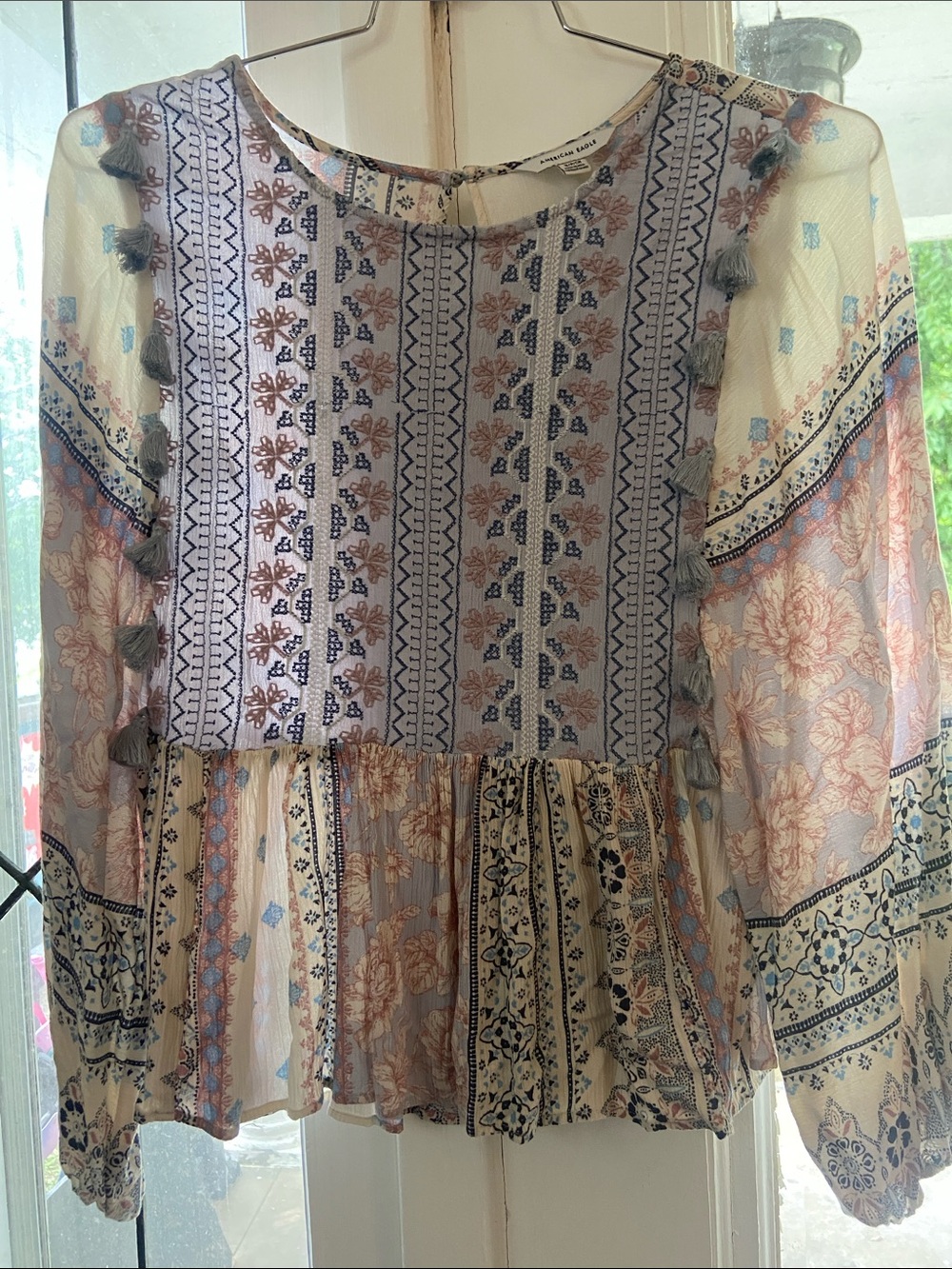 Boho AEO Printed and Embroidered Peasant Blouse - Cream, Light Pink & Blue Small
